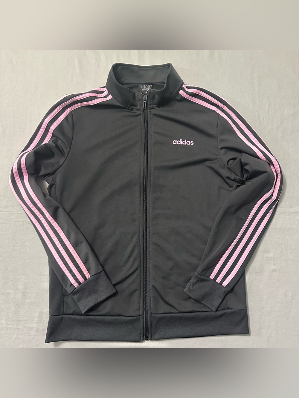Adidas Women's Charcoal Gray Pink 3-Stripes Track Jacket Size L Full Zip